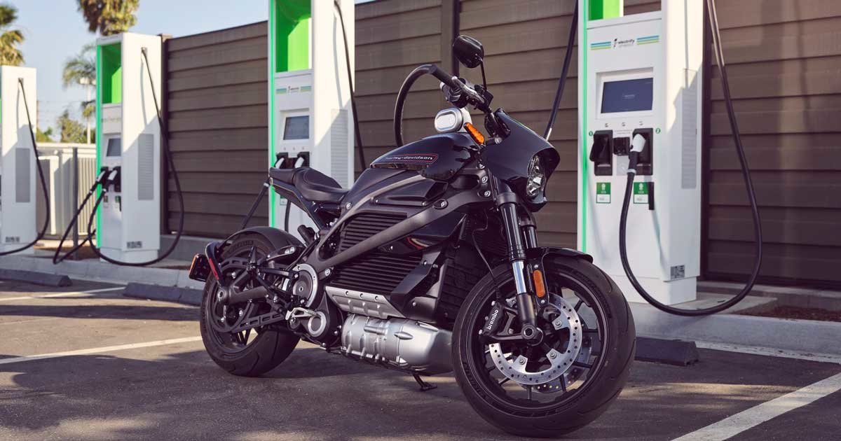 Harley Davidson Livewire motorcycle at a charging station