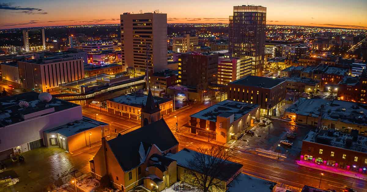 Night time cityscape of Fargo North Dakota