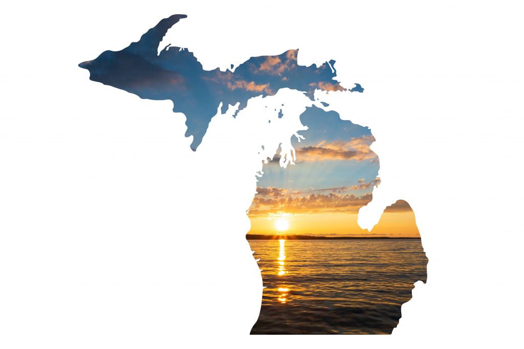 Map of Michigan with a background of the great lakes