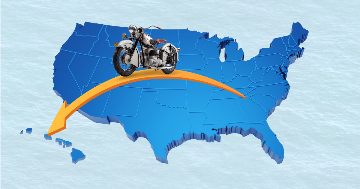 map of US showing motorcycle moving to hawaii