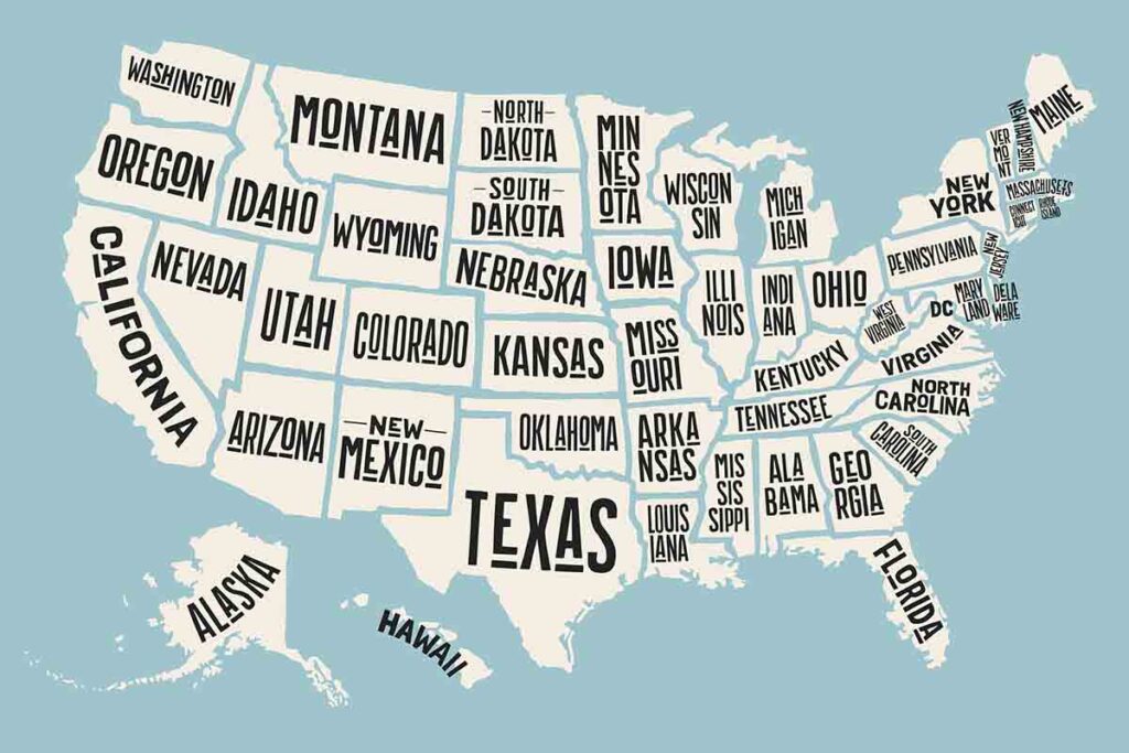 Poster map of United States of America with state names. Print map of USA for t-shirt, poster or geographic themes. Hand-drawn colorful map with states. 