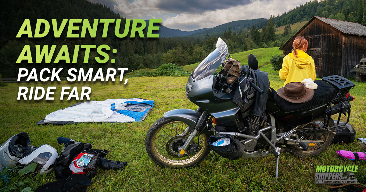 Motorcycle fully equipped with camping gear for a road trip adventure.