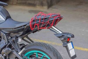 Red Bungee Cargo Net on Motorcycle Seat