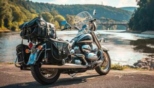 A side view of a touring motorcycle, large saddlebags and tail bag.