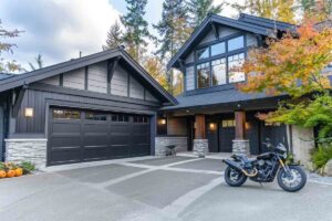 Modern luxury home exterior with motorcycle parked in driveway.