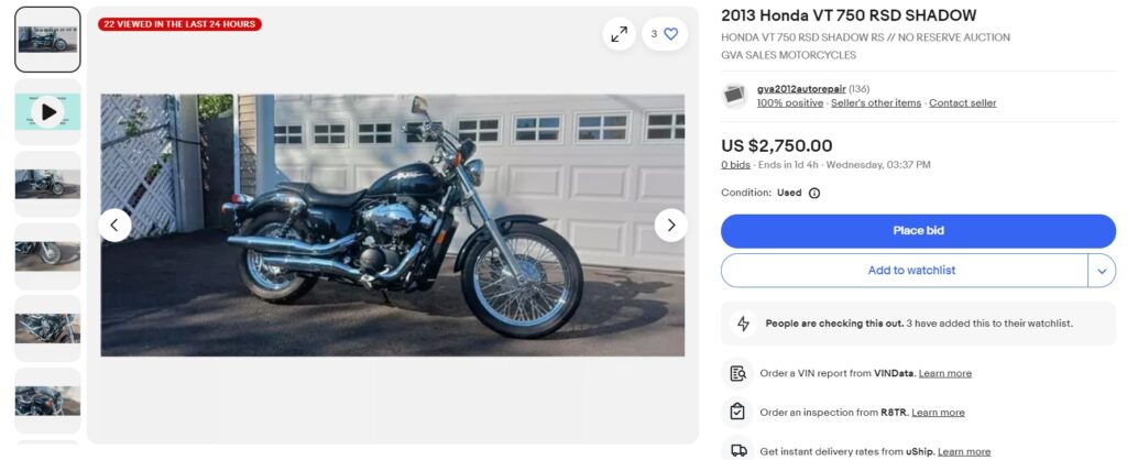 image showing a motorcycle for sale listing on Ebay