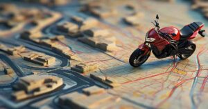 A vibrant red motorcycle stands on a detailed map, representing the best motorcycle shipping.