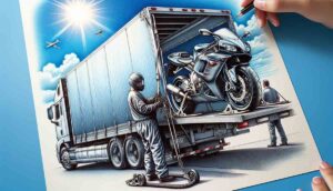 Illustration showing a motorcycle being loaded onto a transport truck, highlighting expertise in motorcycle transport.