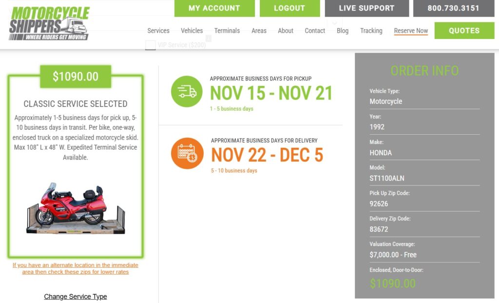 image showing reservation process for motorcycle shipping on motorcycleshippers.com website