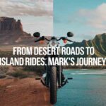 Split screen of Arizona desert and Hawaiian Island bridged by a motorcycle.