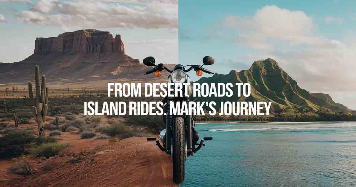 Split screen of Arizona desert and Hawaiian Island bridged by a motorcycle.