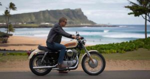 Motorcycle rider on a Harley in O'ahu.