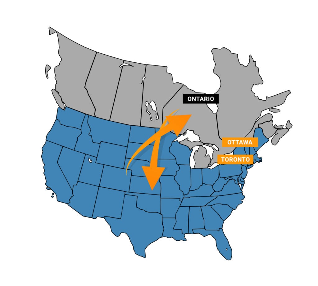 map showing us and canada with arrows indicating movement both to and from