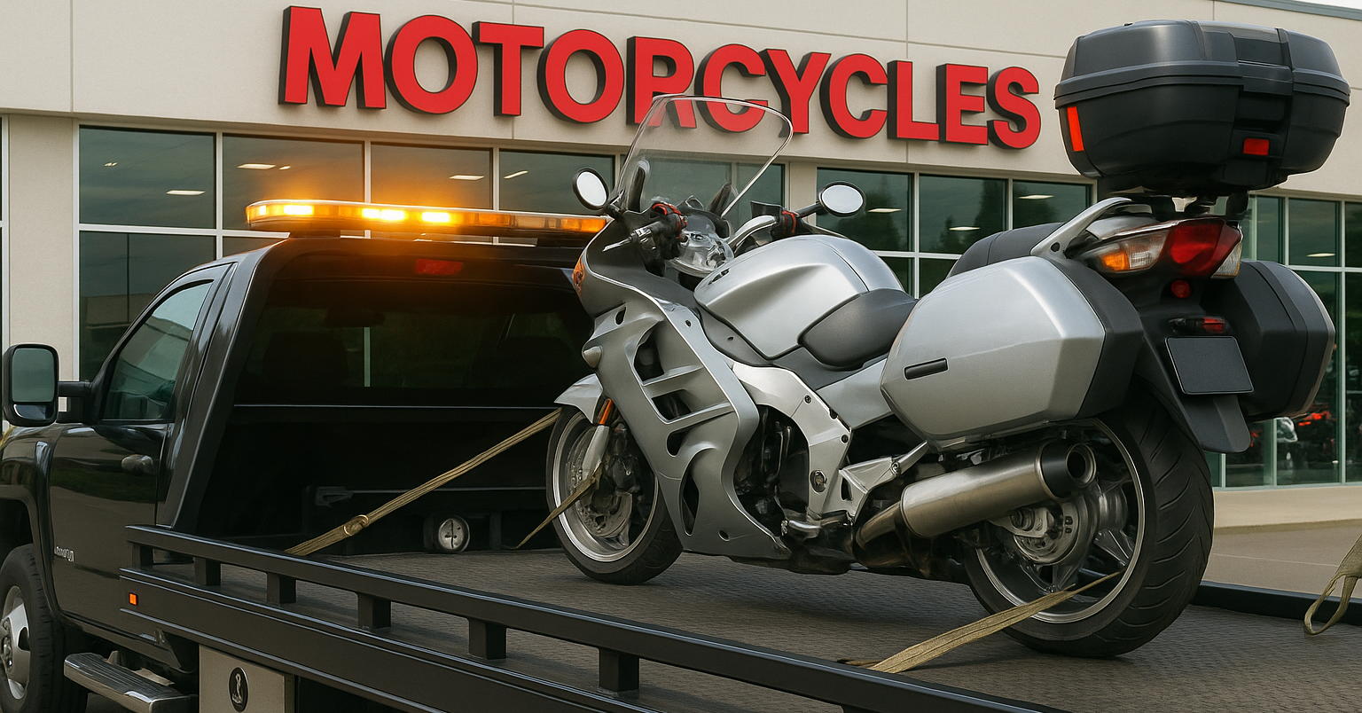 Silver motorcycle being towed to a motorcycle dealer