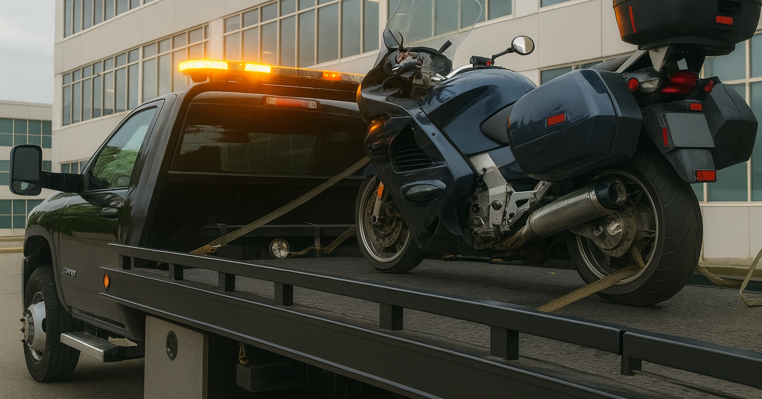 Motorcycle loaded onto flat bed tow truck